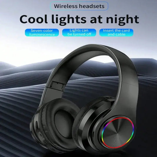 wireless noise cancelling headphones with seven-color lights, showing comfort and style.