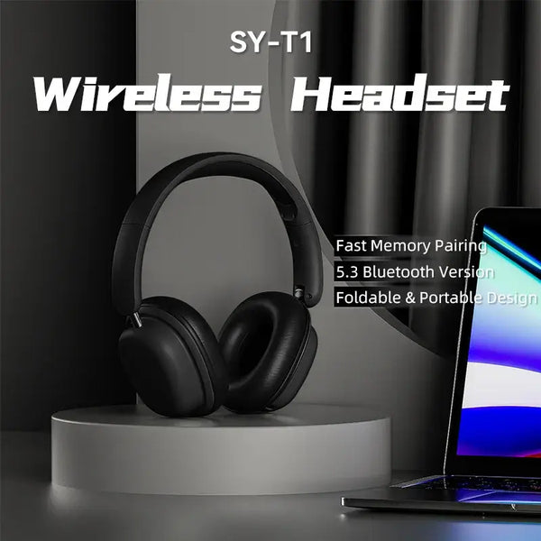 SY-T1 Bluetooth Wireless Headphones on display with foldable design and modern look.