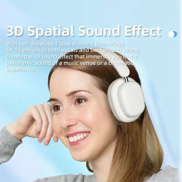 Woman enjoying 3D spatial sound effect with SY-T1 Bluetooth Wireless Headphones, highlighting immersive audio experience.