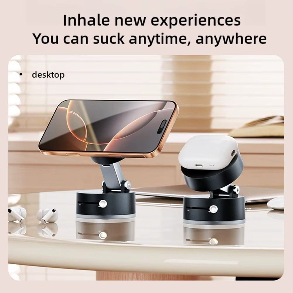 magnetic suction cup phone holder placed on a desktop with a smartphone and earbuds, showcasing versatility and convenience.