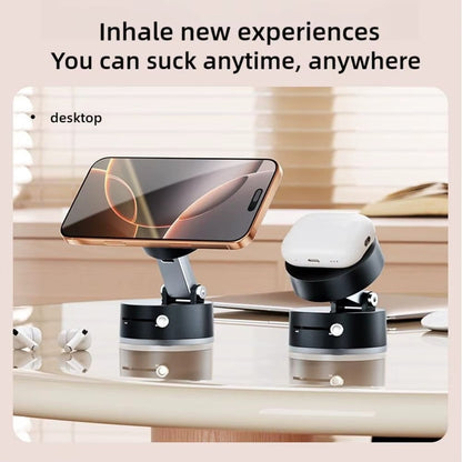 magnetic suction cup phone holder placed on a desktop with a smartphone and earbuds, showcasing versatility and convenience.