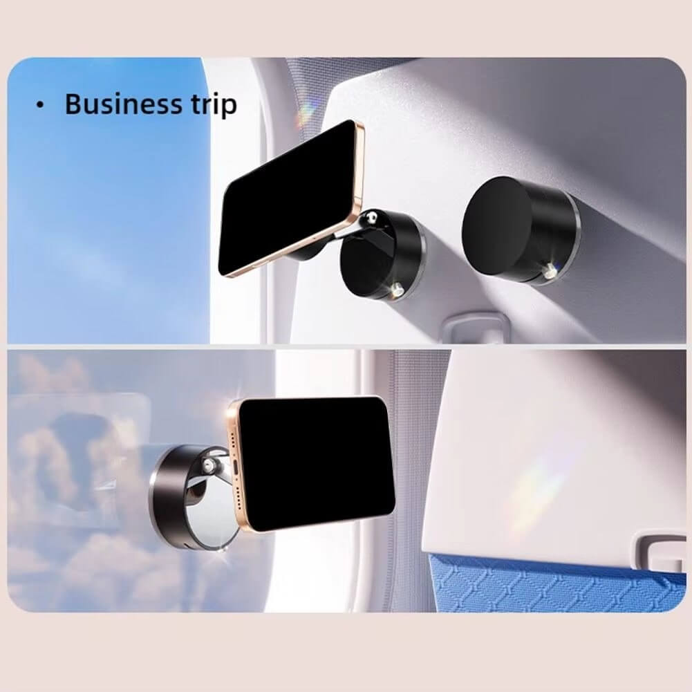 Magnetic suction cup phone holder demonstrating use on a window, ideal for business trips.