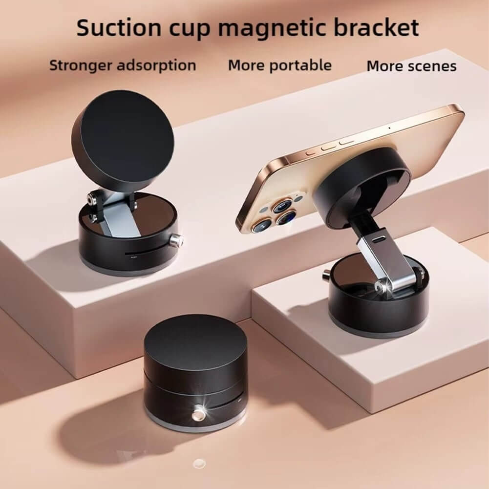 magnetic suction cup phone holder displayed on a countertop, showcasing strong adhesion and portability with smartphone.