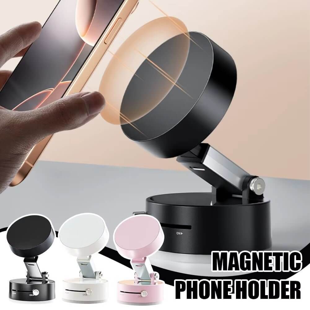 Magnetic suction cup phone holder demonstrating easy attachment with smartphone for hands-free use.