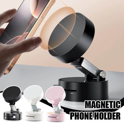 Magnetic suction cup phone holder demonstrating easy attachment with smartphone for hands-free use.