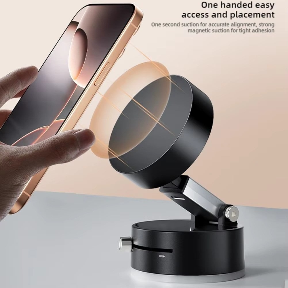 magnetic suction cup phone holder securely attaching phone for hands-free use with strong magnetic suction technology.