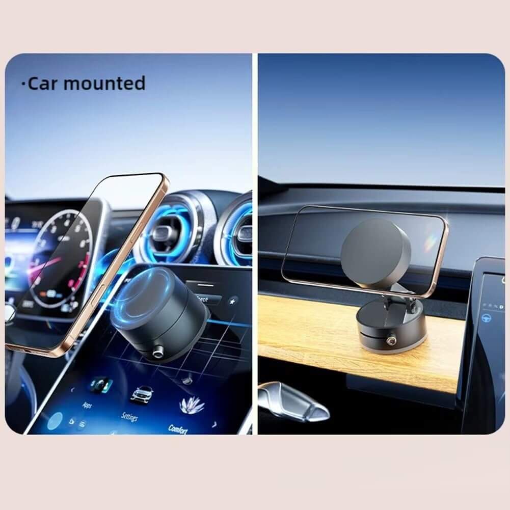 Magnetic suction cup phone holder mounted in a car, demonstrating hands-free use and convenience.