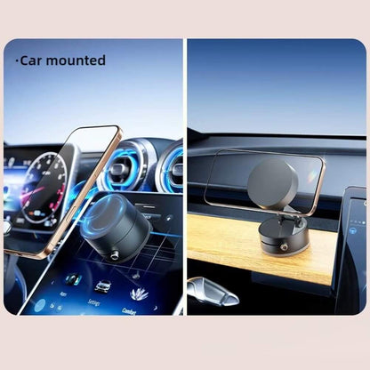 Magnetic suction cup phone holder mounted in a car, demonstrating hands-free use and convenience.