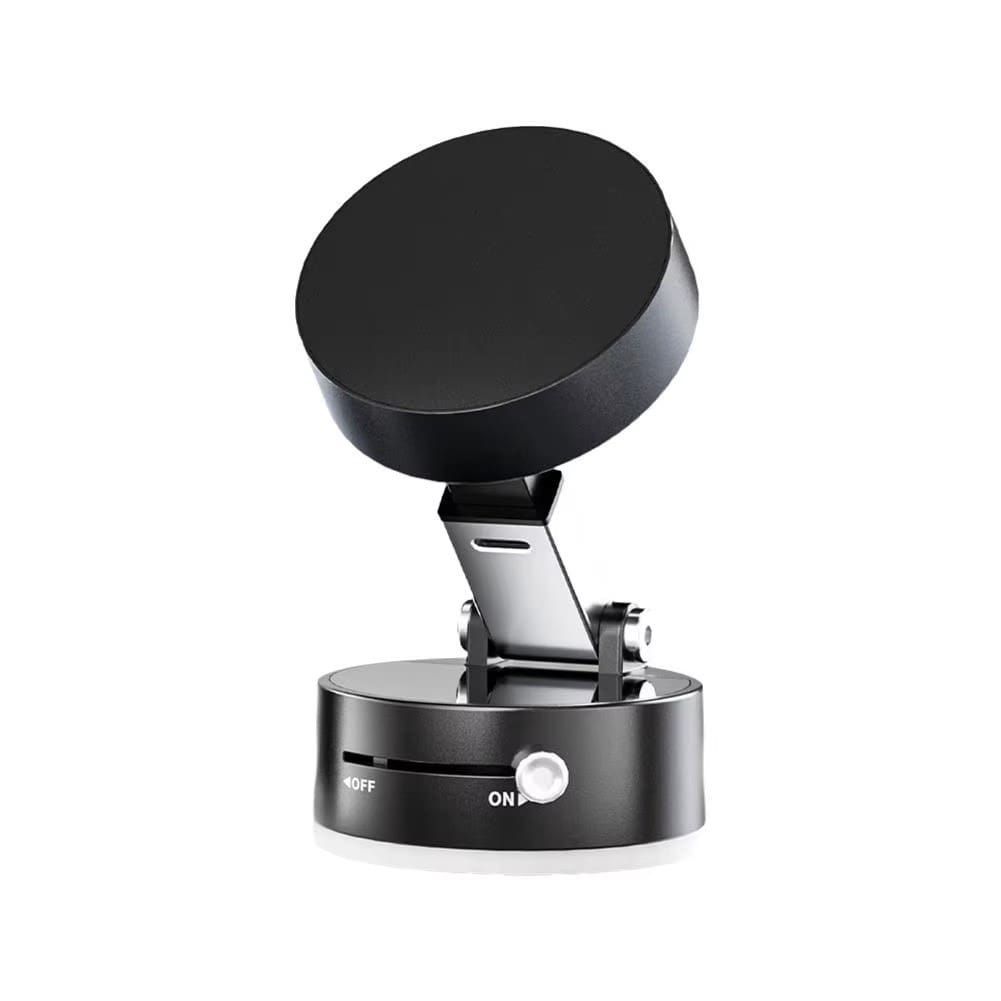 magnetic suction cup phone holder with adjustable arm and vacuum suction technology.