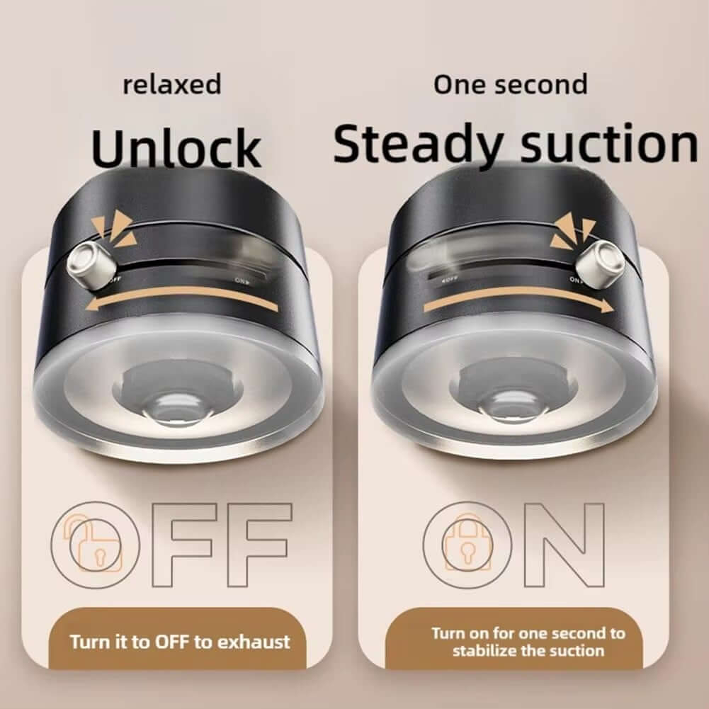 Magnetic suction cup phone holder showing on-off knob for steady suction and easy unlocking feature.