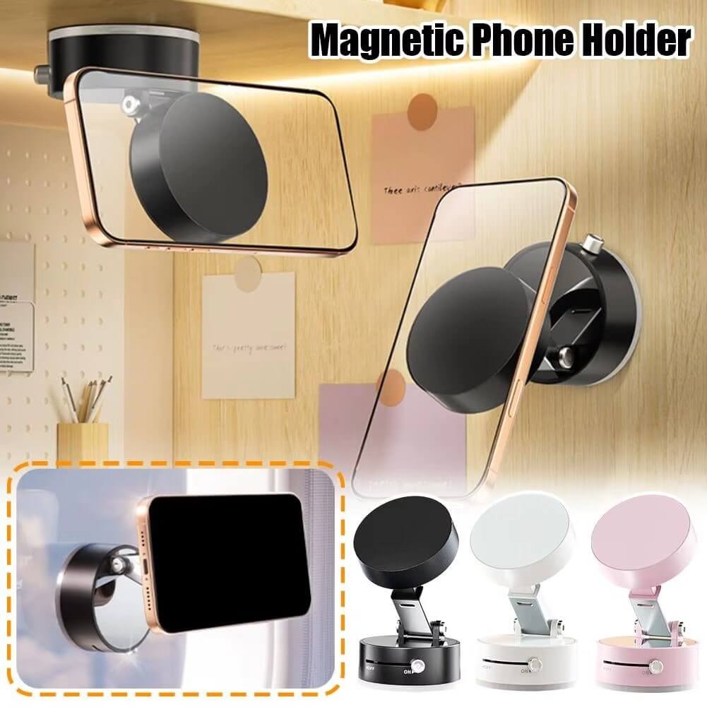 magnetic suction cup phone holder showcasing various colors and mounting options on a wall and desk.
